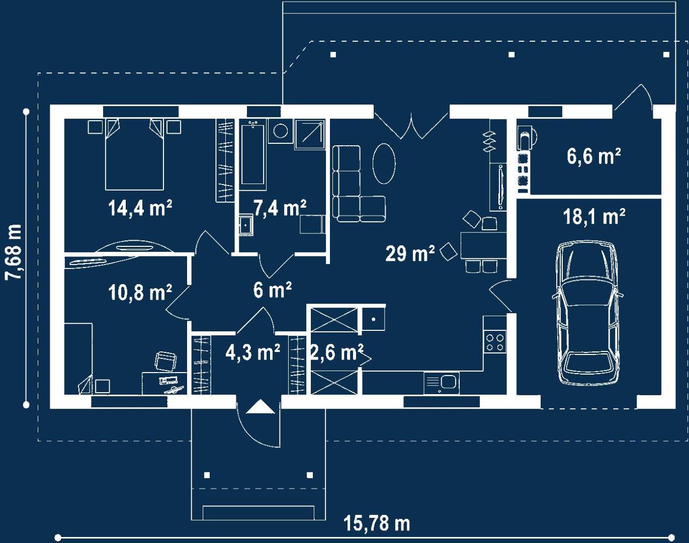Plan parter Casă parter 73 mp utili, 2 dormitoare, o baie