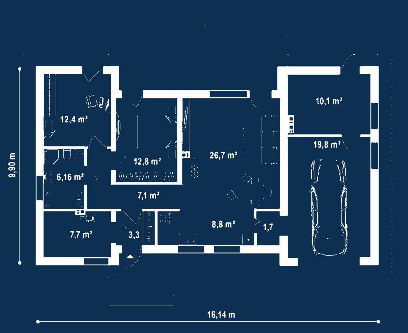 Plan parter Casă parter 86 mp utili, 2 dormitoare, o baie