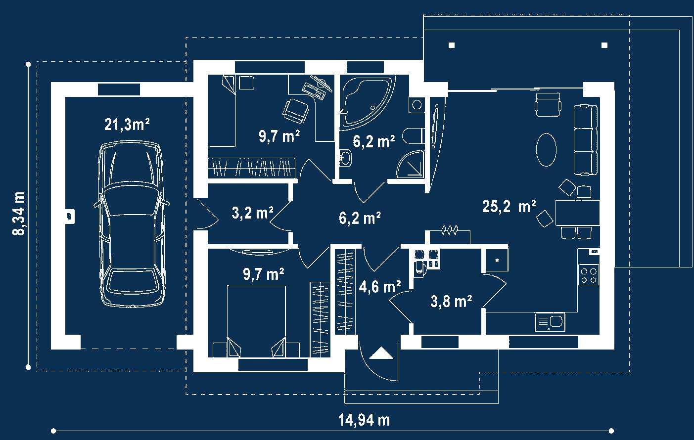 Plan parter Casă parter 64 mp utili, 2 dormitoare, o baie