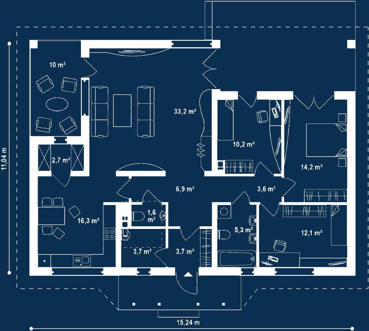 Plan parter Casă parter 110 mp utili, 3 dormitoare, o baie