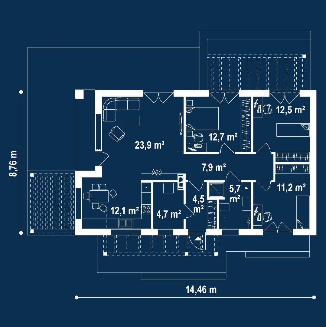 Plan parter Casă parter 90 mp utili, 3 dormitoare, o baie