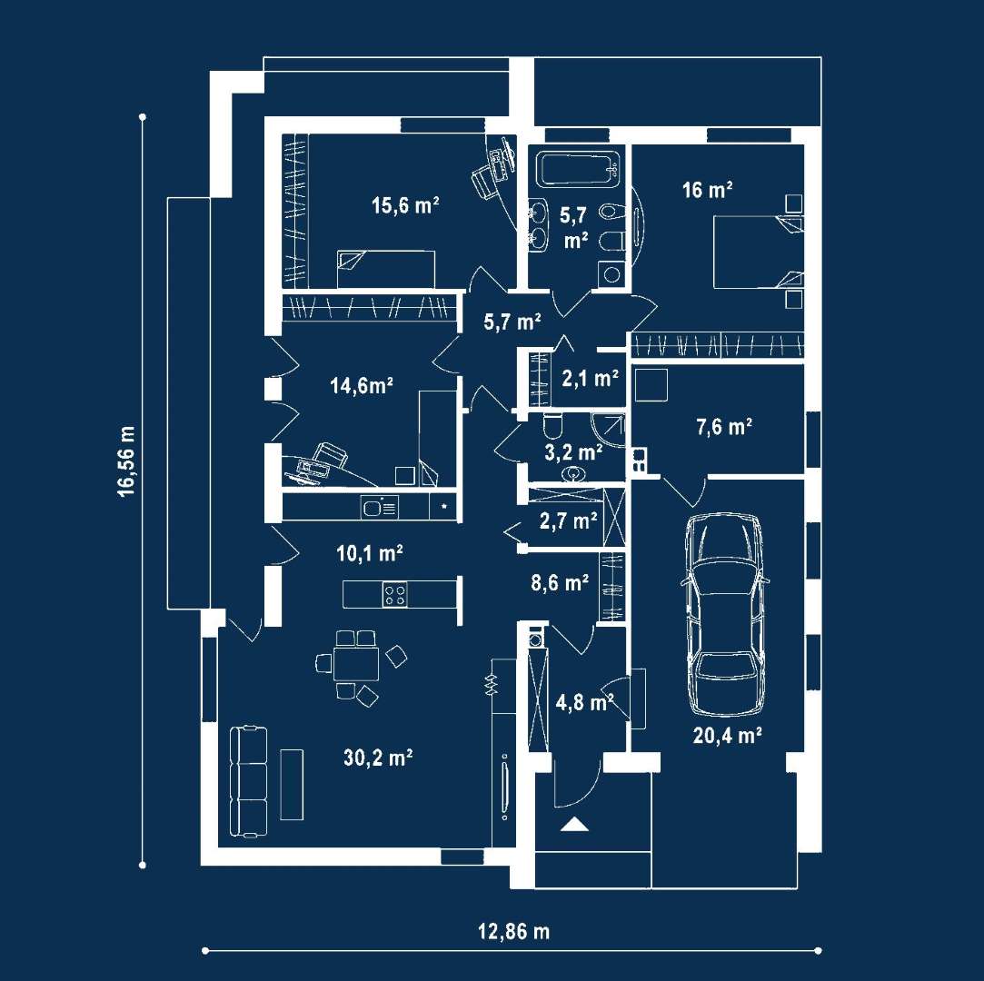 Plan parter Casă parter 119 mp utili, 3 dormitoare, 2 băi