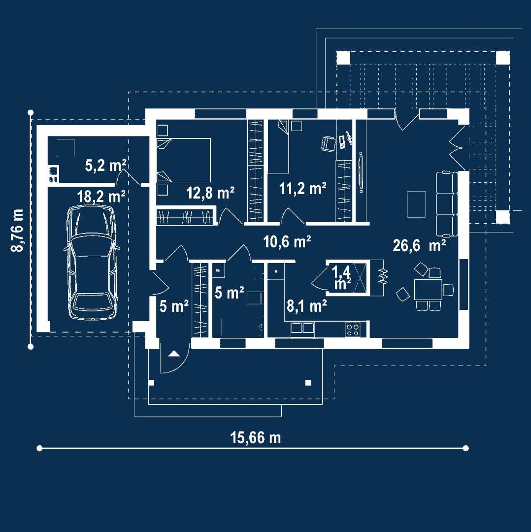 Plan parter Casă parter 80 mp utili, 2 dormitoare, o baie