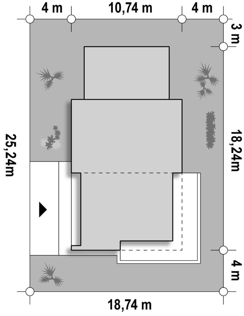 Plan amplasament Casă parter 107 mp utili, 3 dormitoare, 2 băi