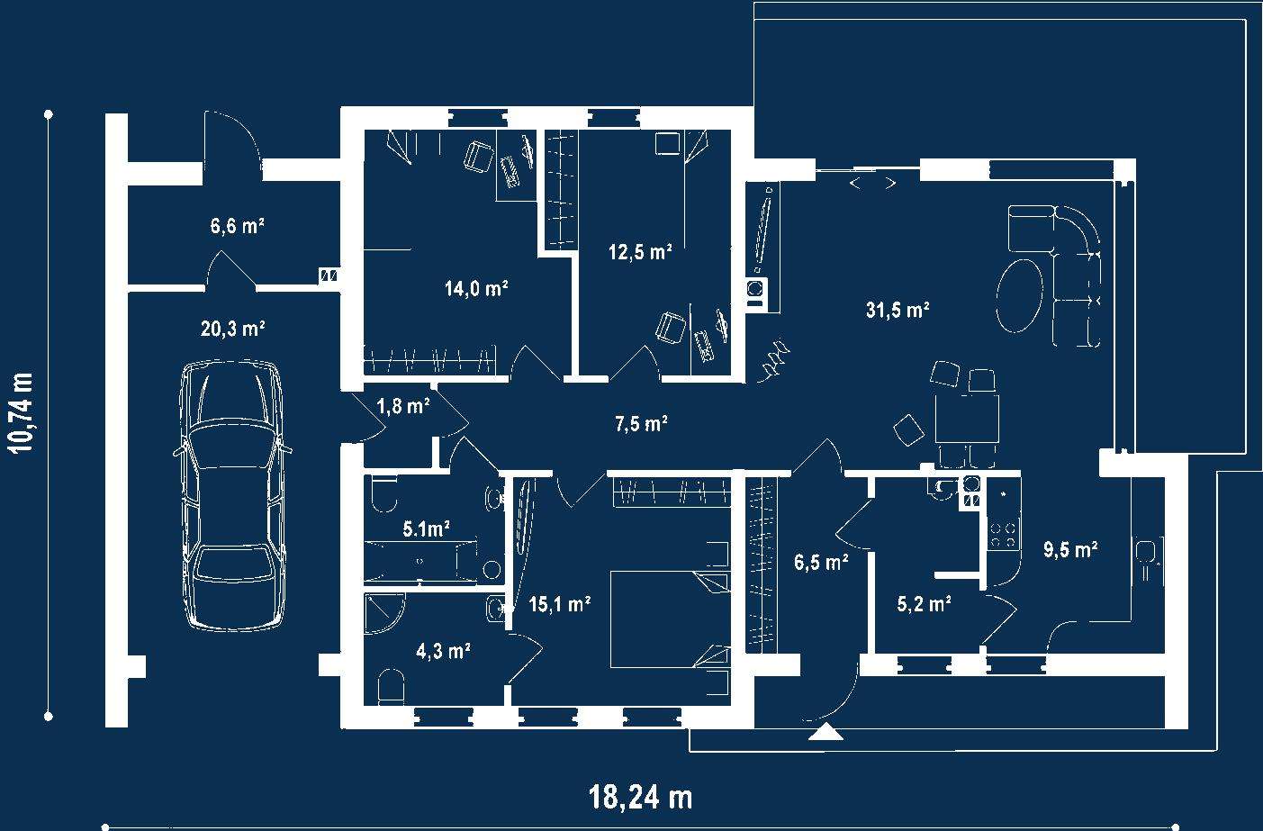 Plan parter Casă parter 107 mp utili, 3 dormitoare, 2 băi