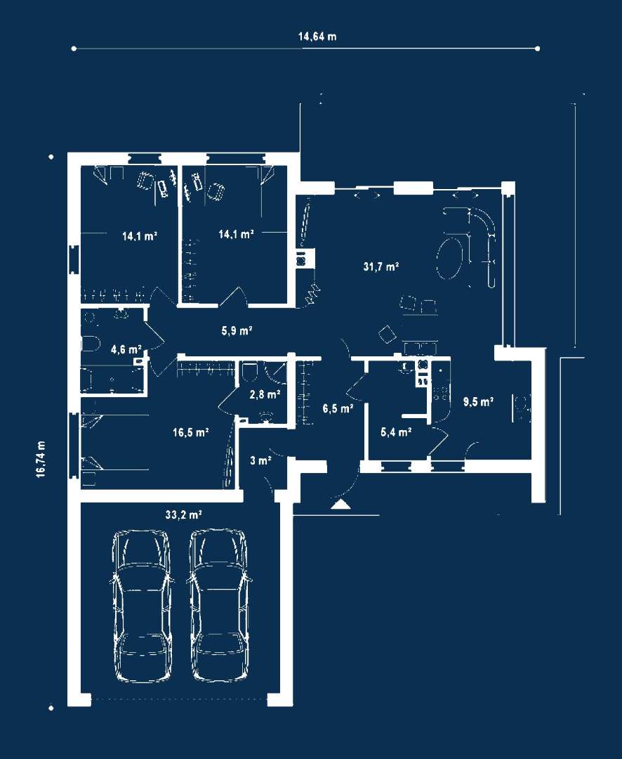 Plan parter Casă parter 112 mp utili, 3 dormitoare, 2 băi