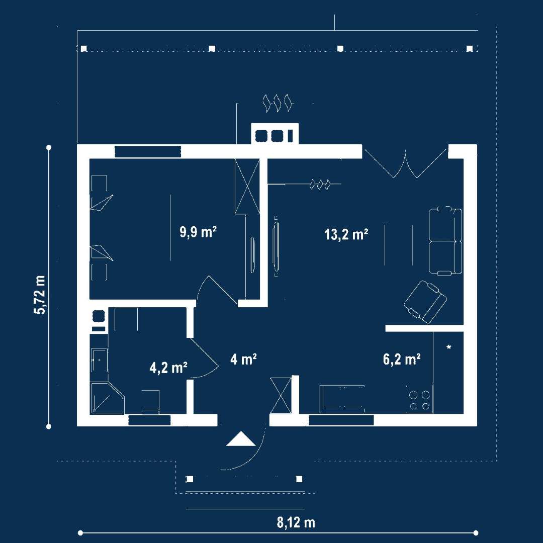 Plan parter Casă parter 37 mp utili, un dormitor, o baie