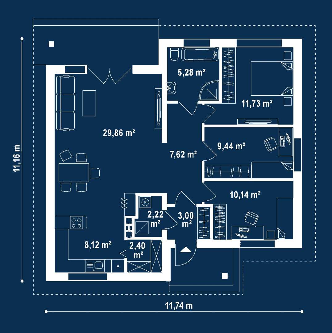 Plan parter Casă parter 87 mp utili, 3 dormitoare, o baie