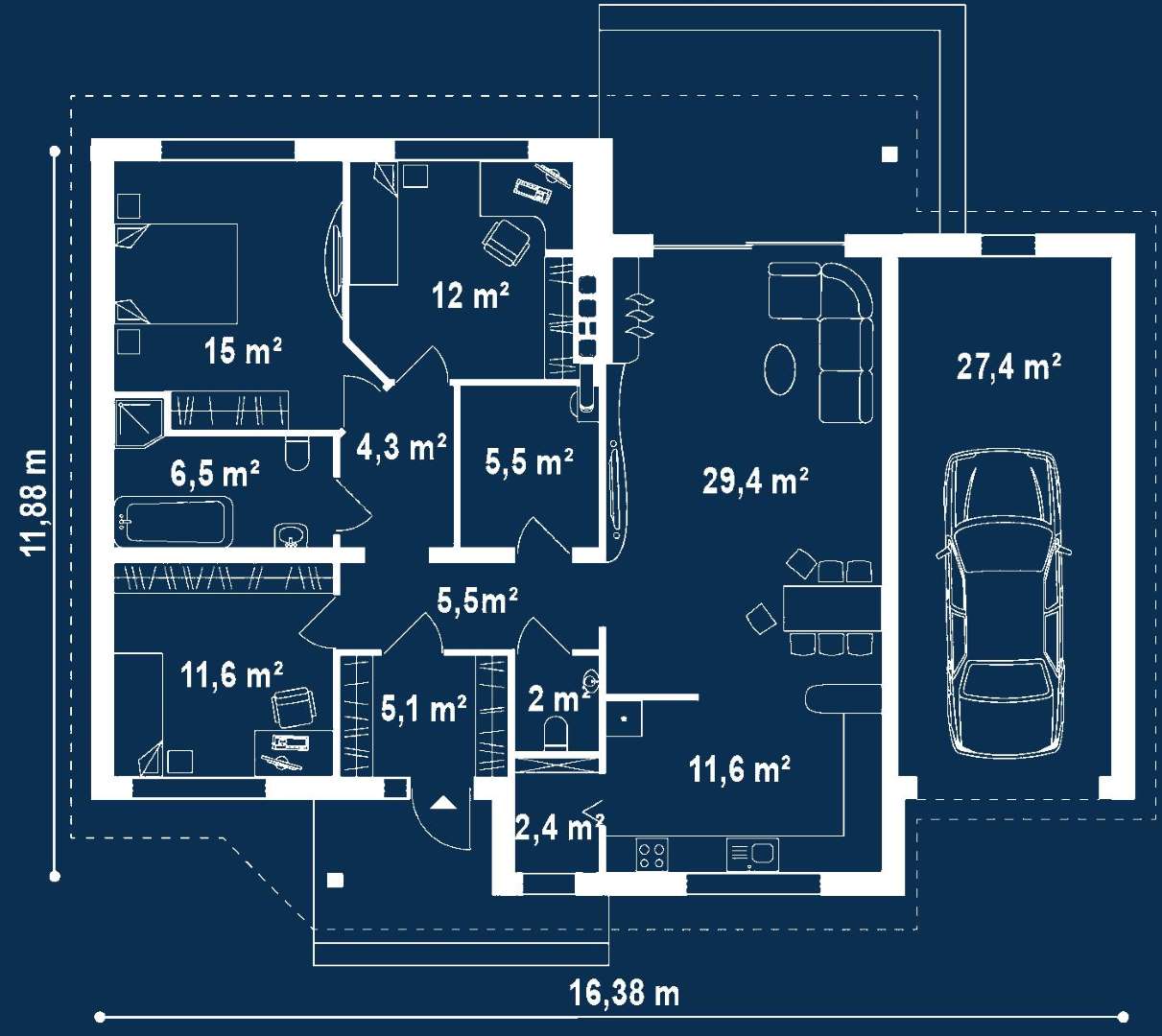 Plan parter Casă parter 111 mp utili, 3 dormitoare, o baie