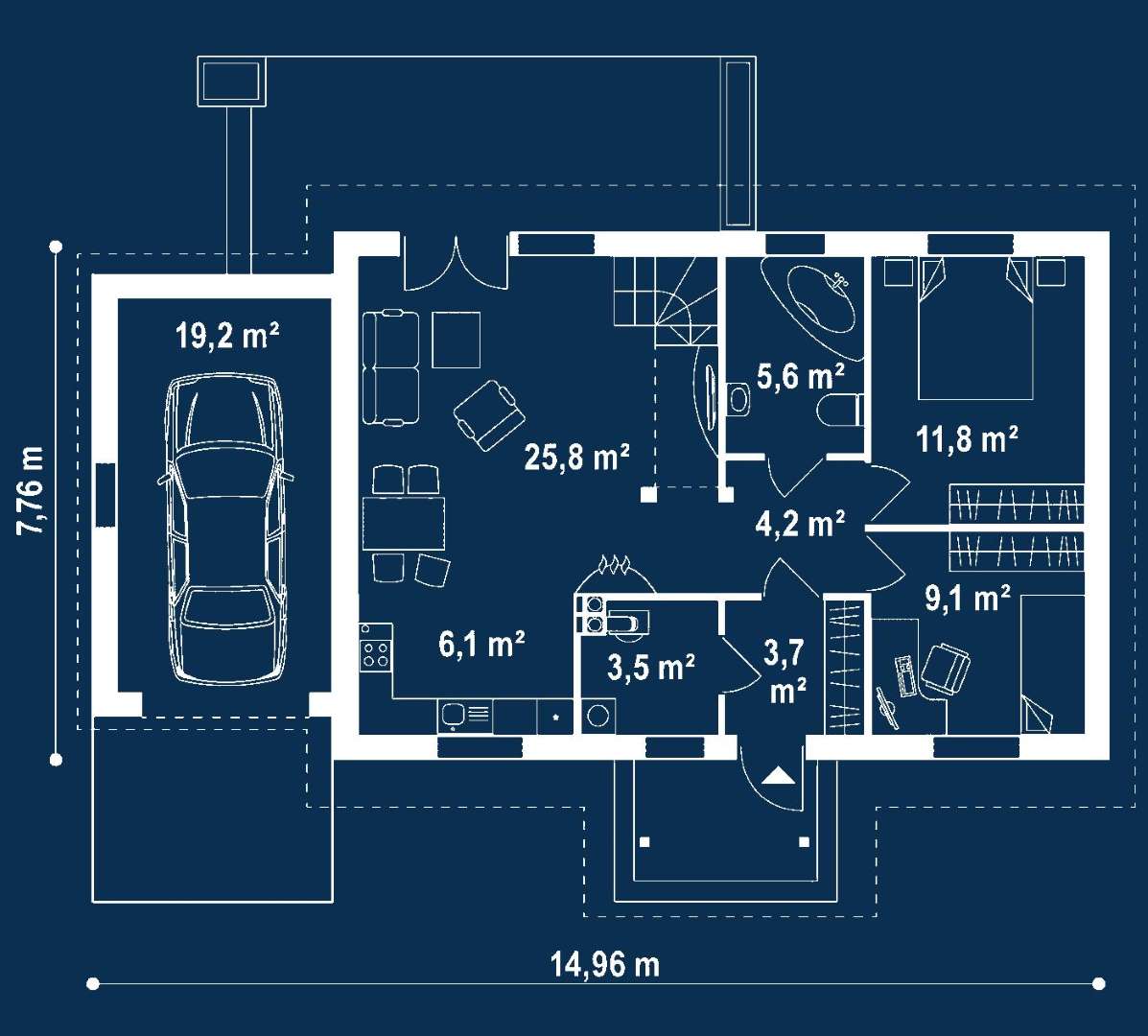 Plan parter Casă parter 63 mp utili, 2 dormitoare, o baie