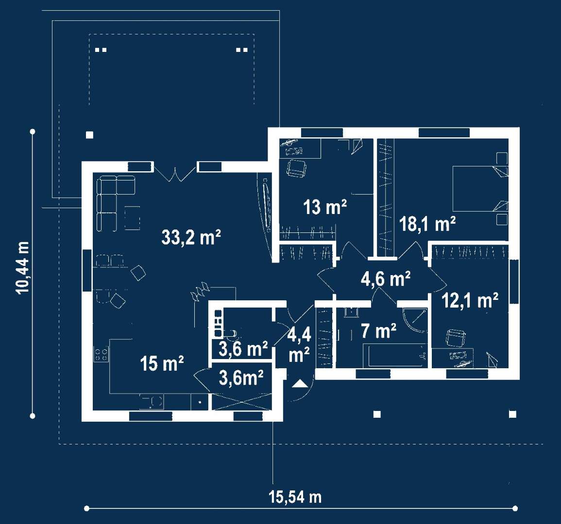 Plan parter Casă parter 114 mp utili, 3 dormitoare, o baie