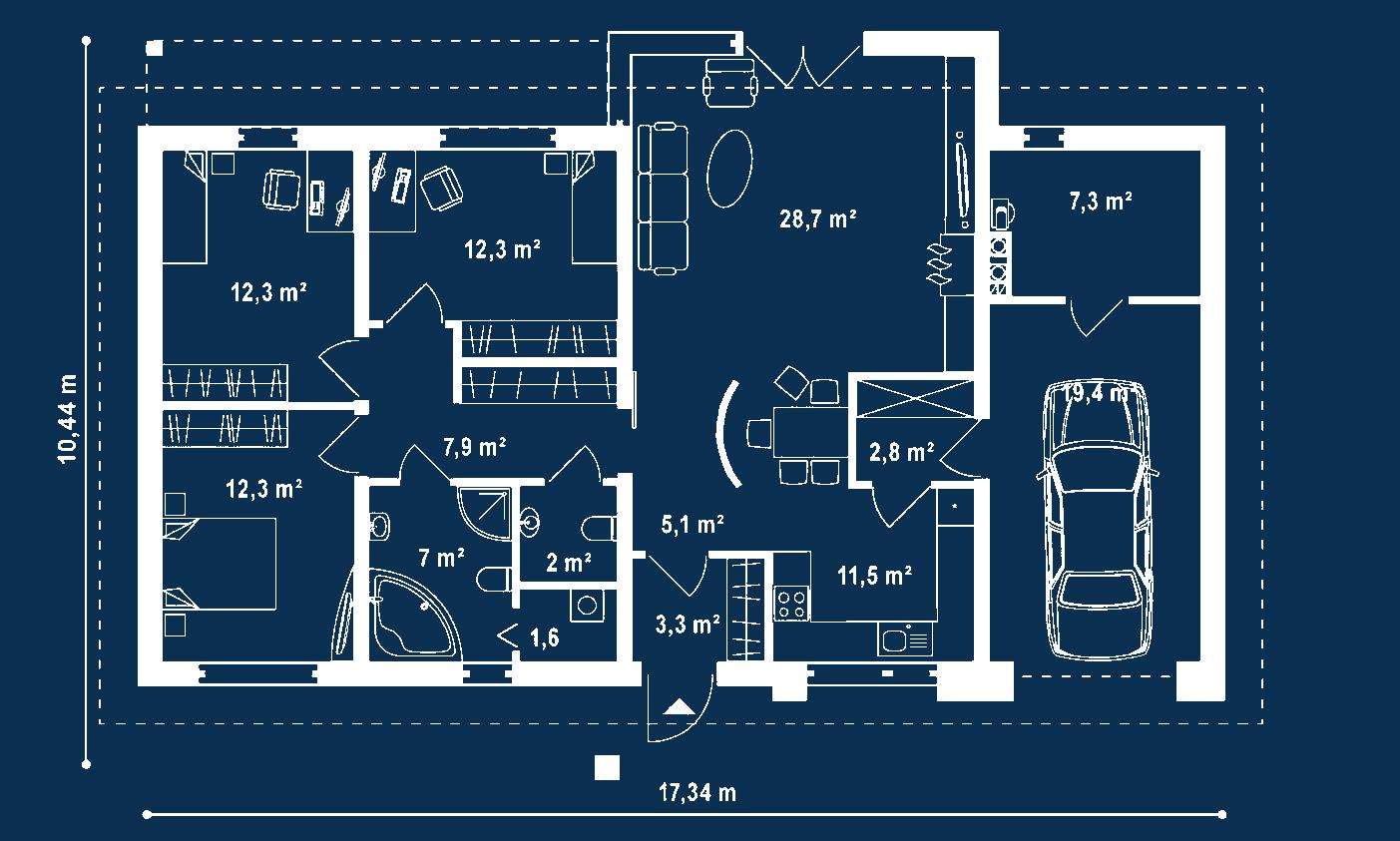 Plan parter Casă parter 106 mp utili, 3 dormitoare, o baie