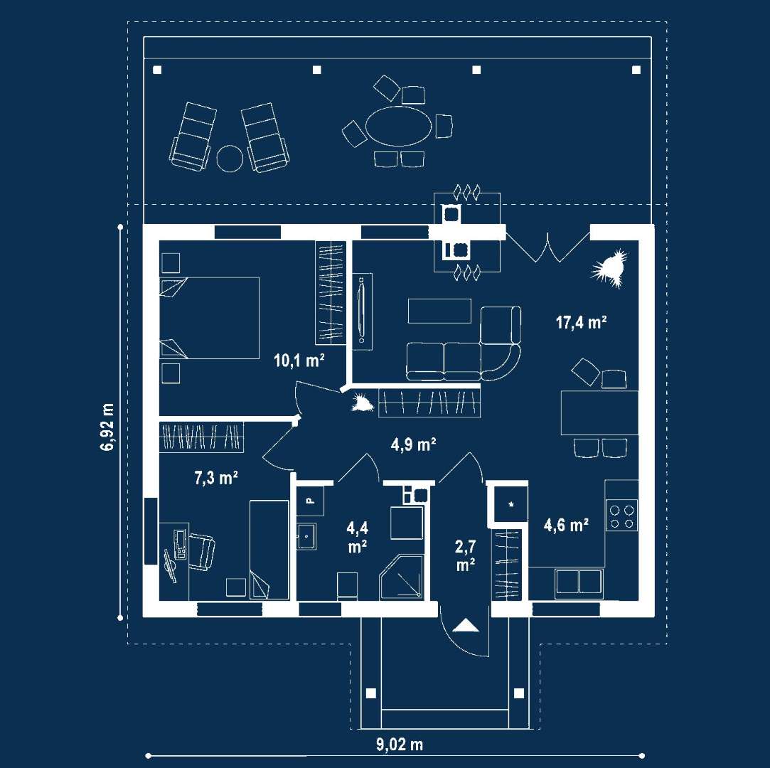Plan parter Casă parter 51 mp utili, 2 dormitoare, o baie