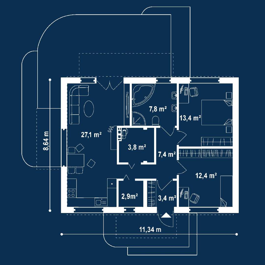 Plan parter Casă parter 73 mp utili, 2 dormitoare, o baie