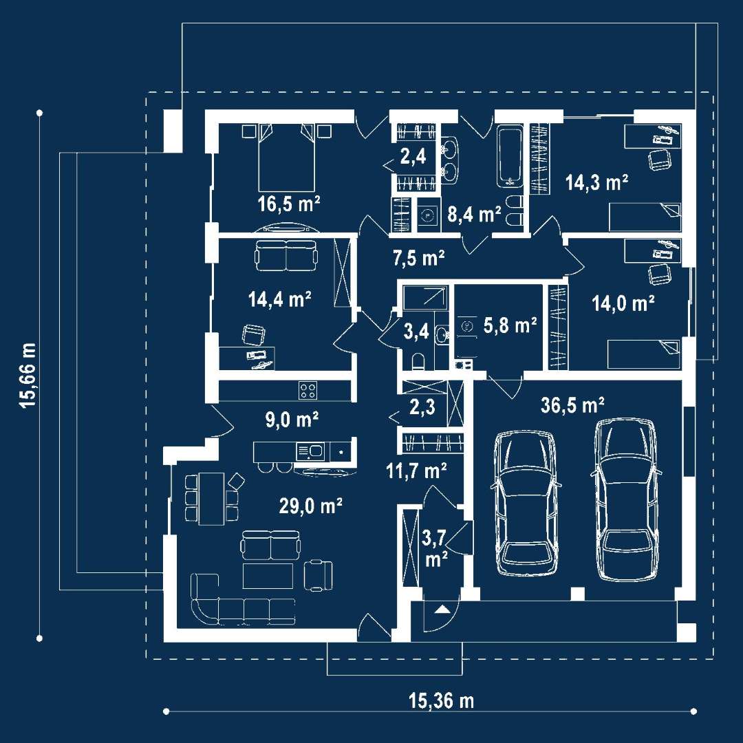 Plan parter Casă parter 136 mp utili, 3 dormitoare, 2 băi