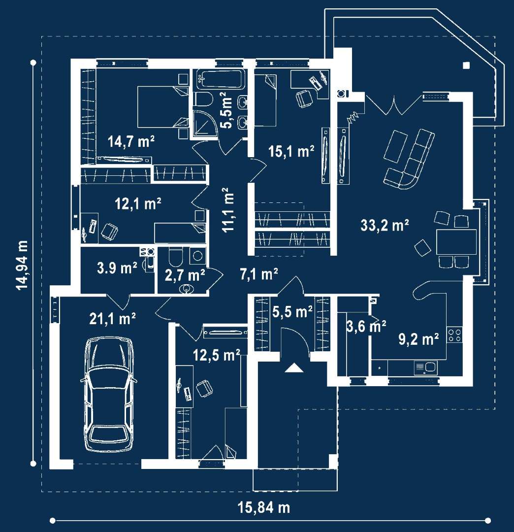 Plan parter Casă parter 132 mp utili, 3 dormitoare, o baie