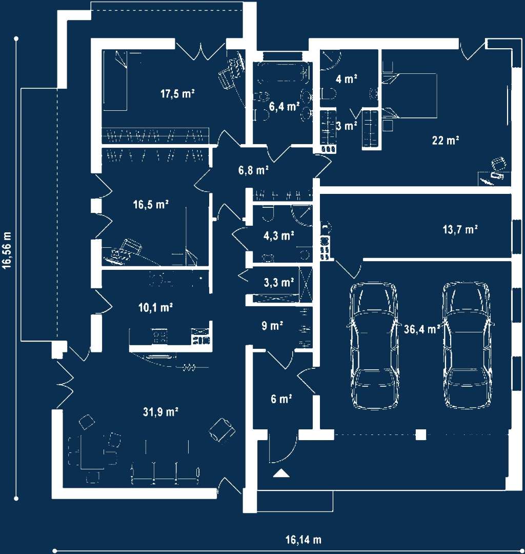 Plan parter Casă parter 140 mp utili, 3 dormitoare, 3 băi