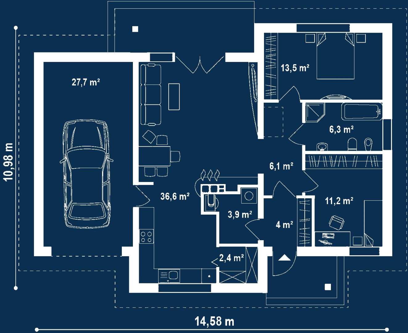 Plan parter Casă parter 83 mp utili, 2 dormitoare, o baie