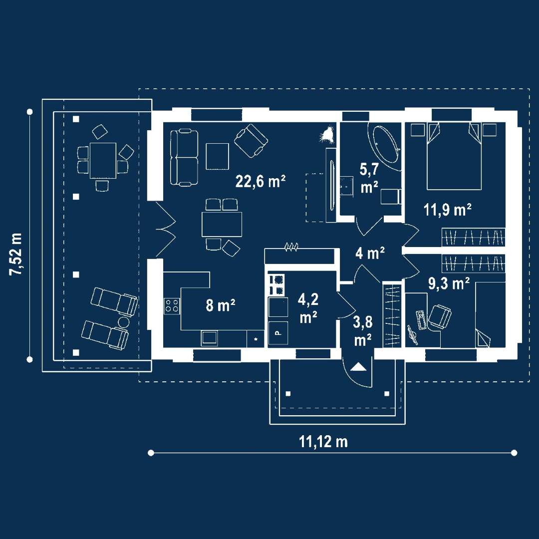 Plan parter Casă parter 65 mp utili, 2 dormitoare, o baie