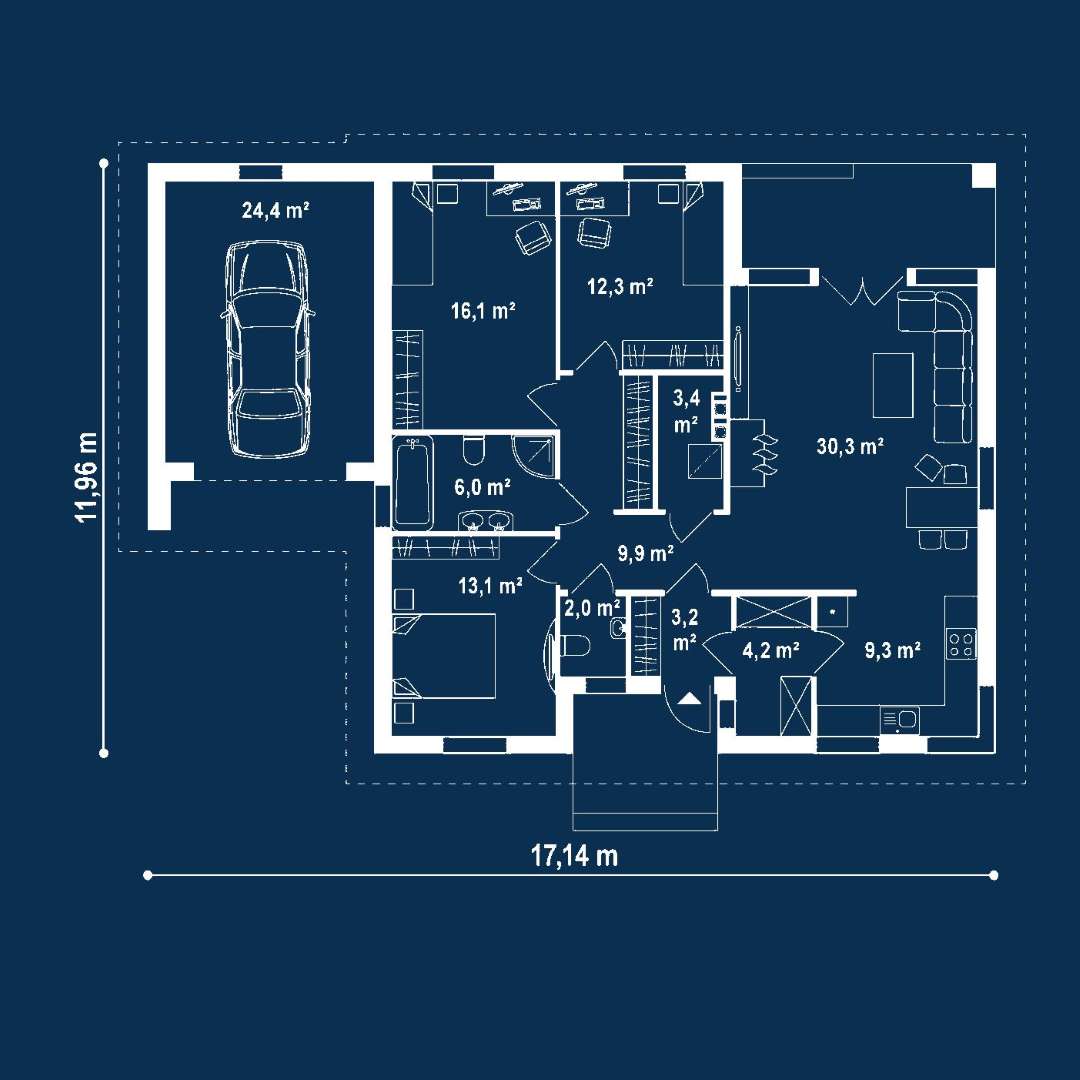 Plan parter Casă parter 106 mp utili, 3 dormitoare, o baie