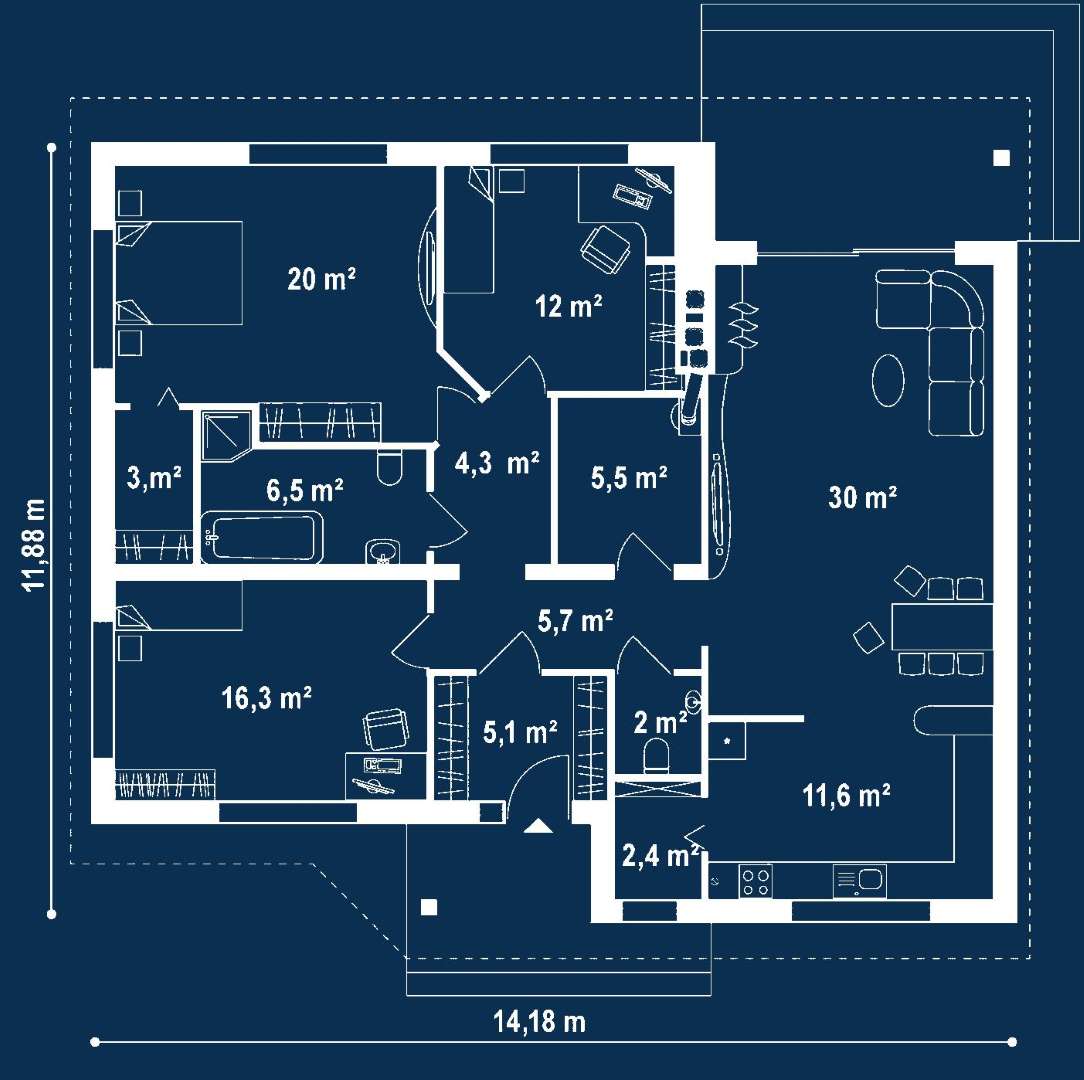 Plan parter Casă parter 124 mp utili, 3 dormitoare, o baie