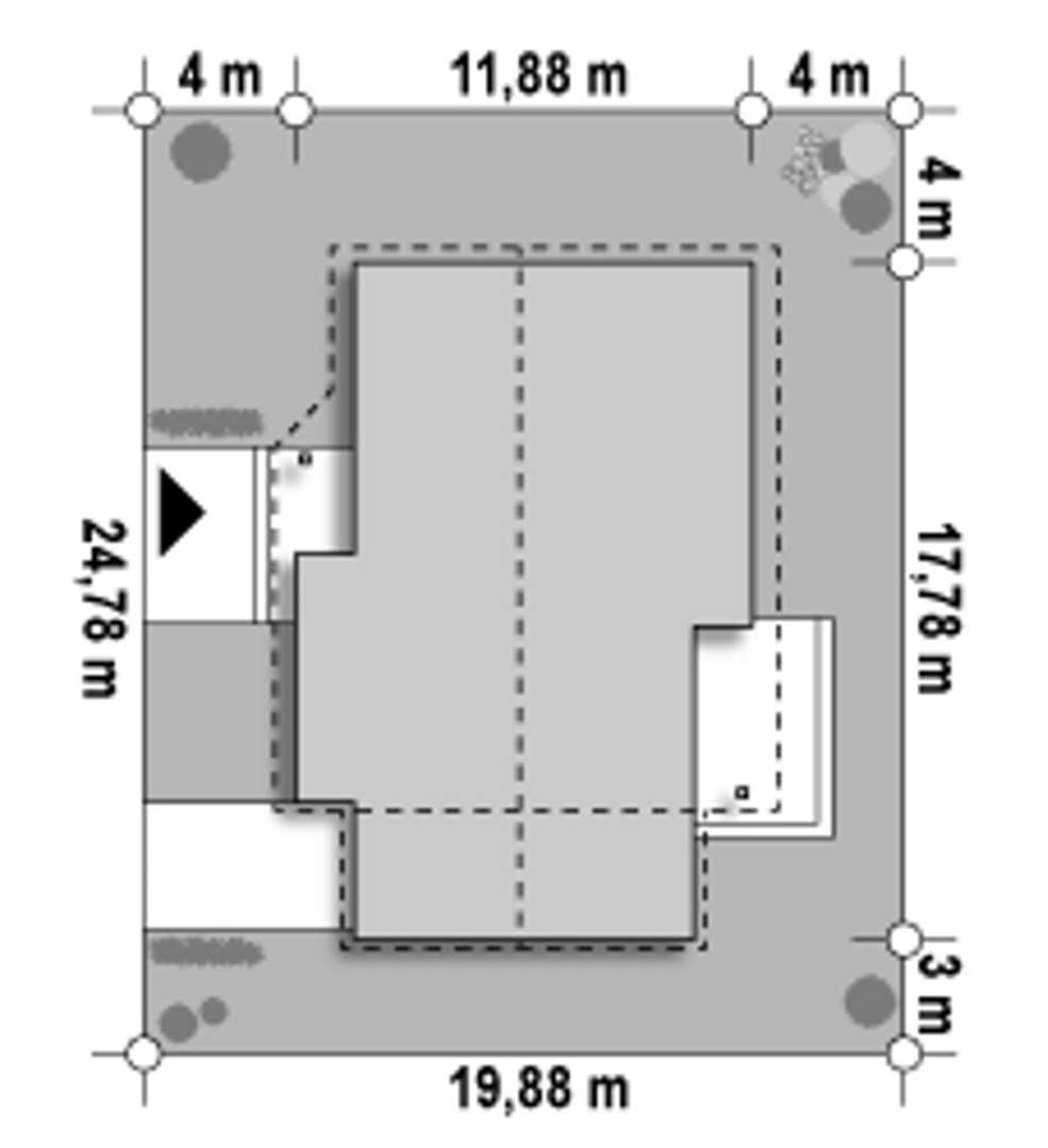 Plan amplasament Casă parter 123 mp utili, 3 dormitoare, o baie