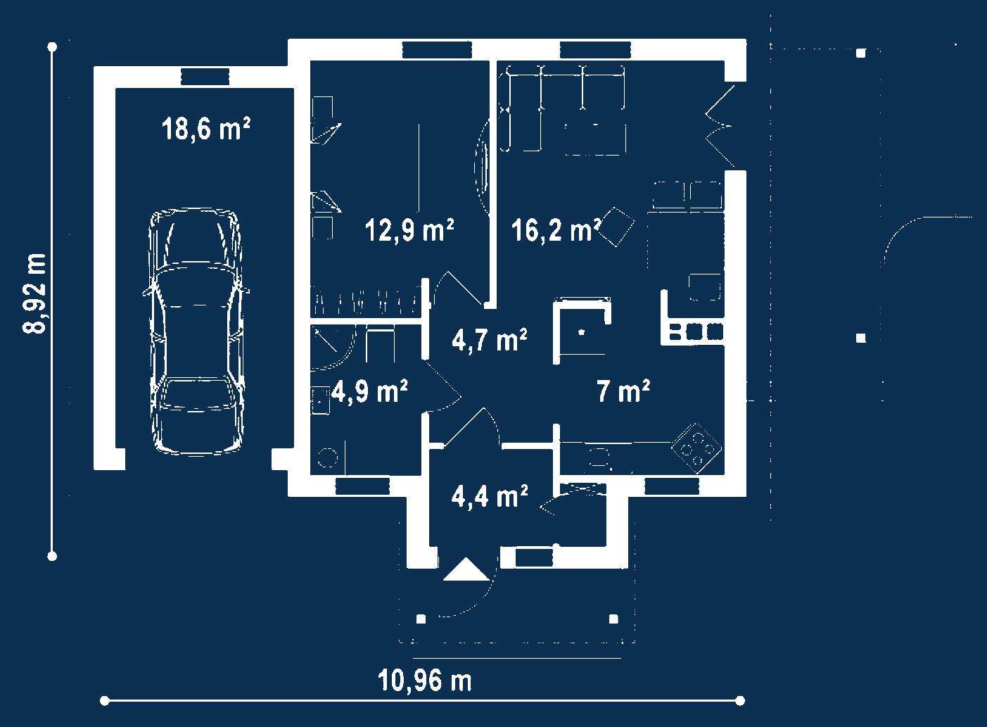 Plan parter Casă parter 50 mp utili, un dormitor, o baie