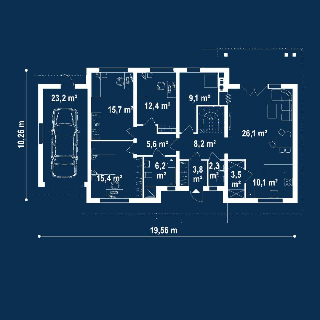 Plan parter Casă parter 108 mp utili, 3 dormitoare, o baie