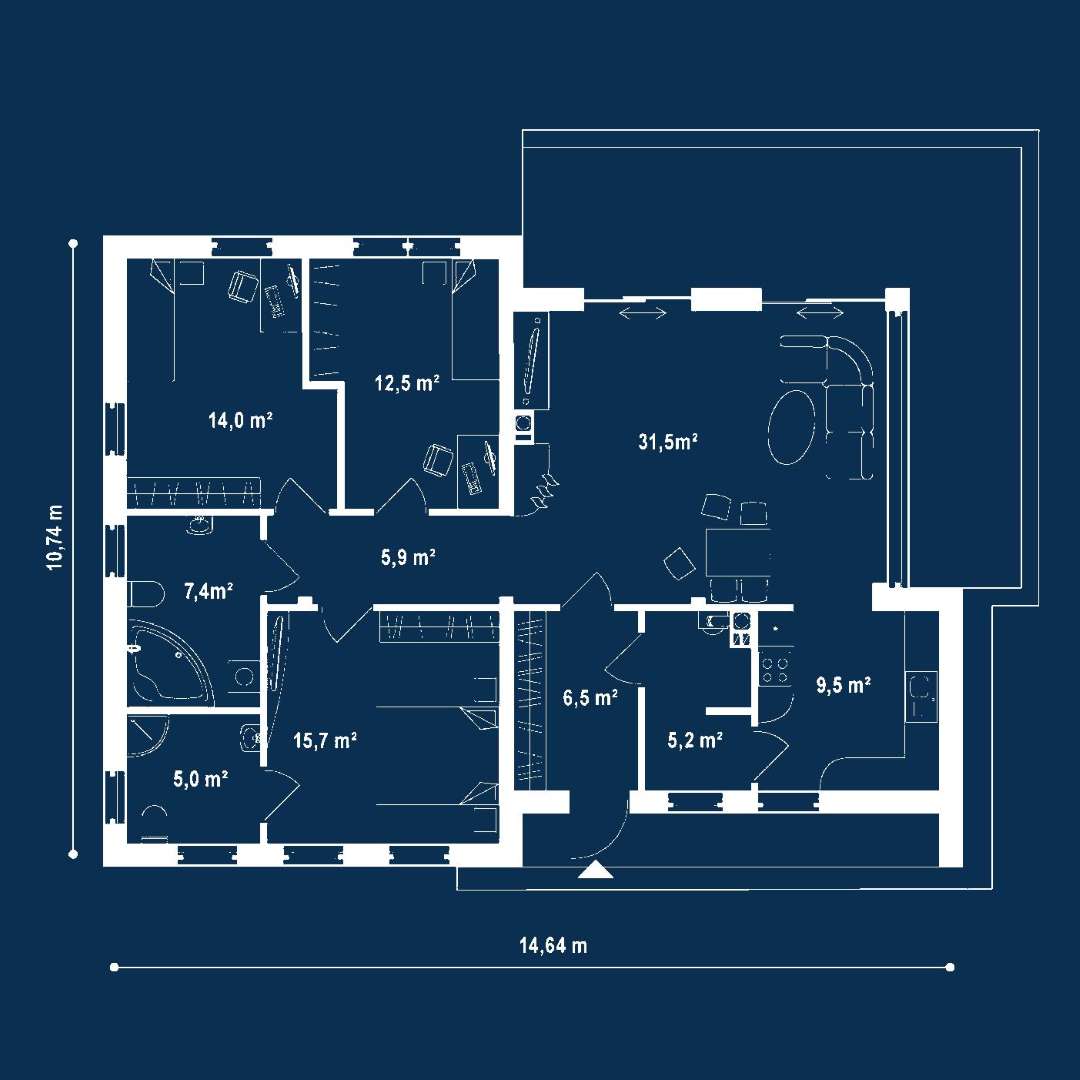 Plan parter Casă parter 107 mp utili, 3 dormitoare, 2 băi