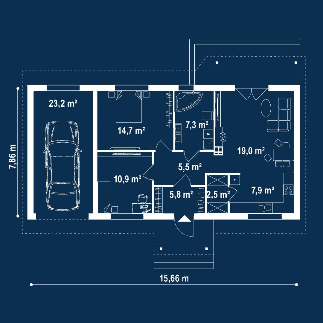Plan parter Casă parter 73 mp utili, 2 dormitoare, o baie