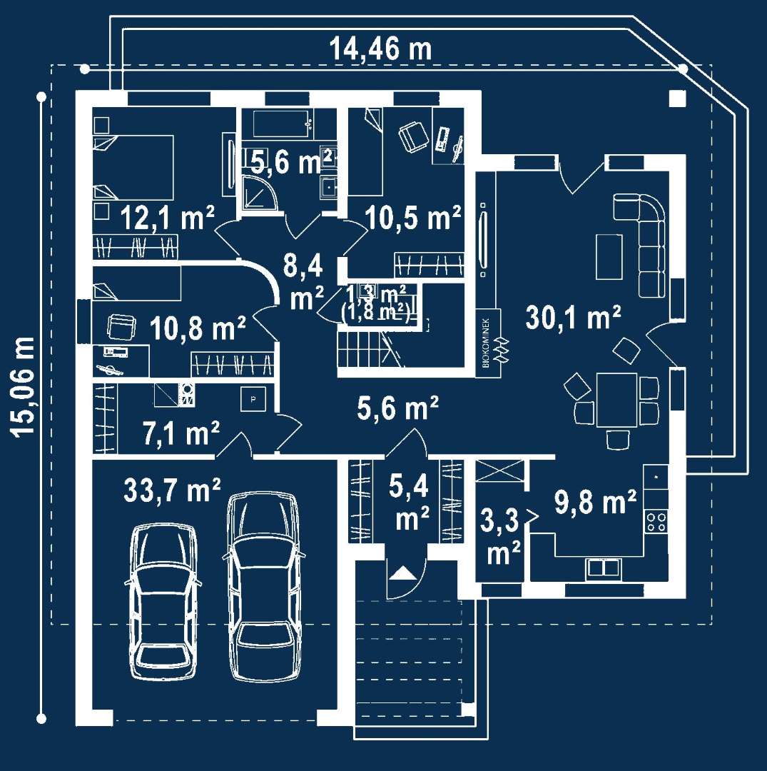Plan parter Casă parter 138 mp utili, 3 dormitoare, o baie