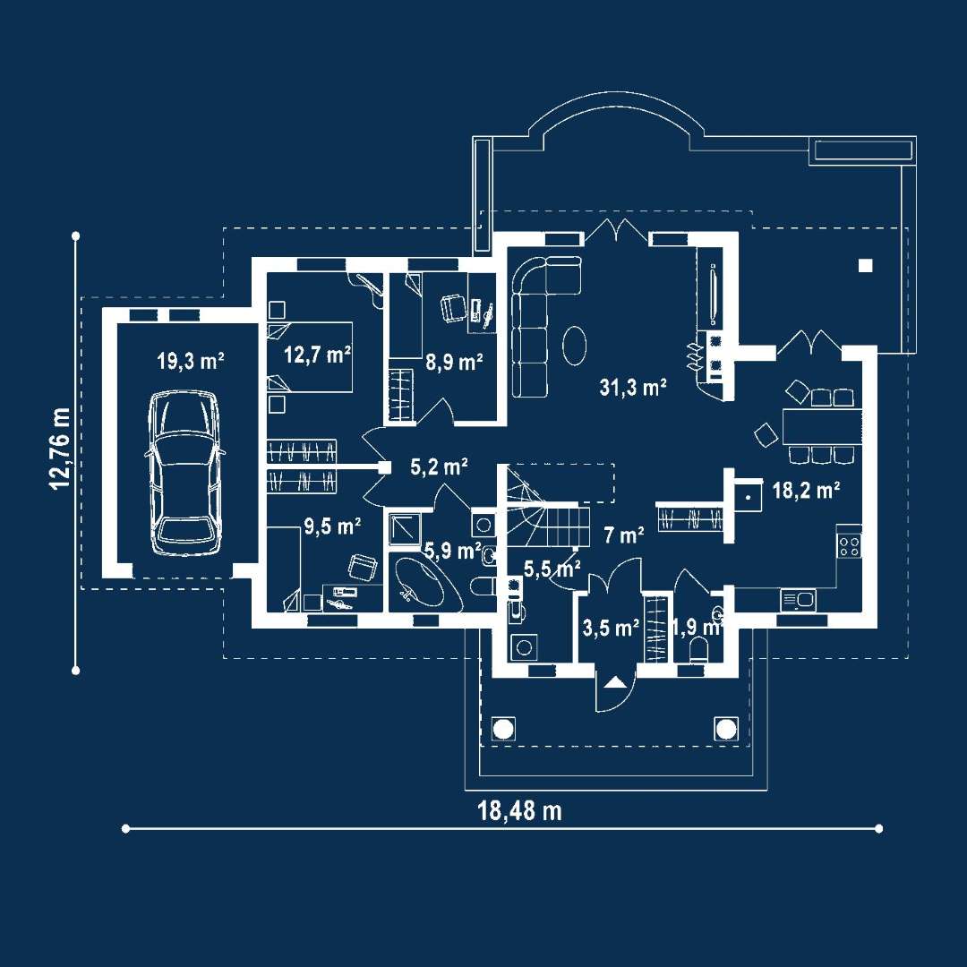 Plan parter Casă parter 109 mp utili, 3 dormitoare, o baie