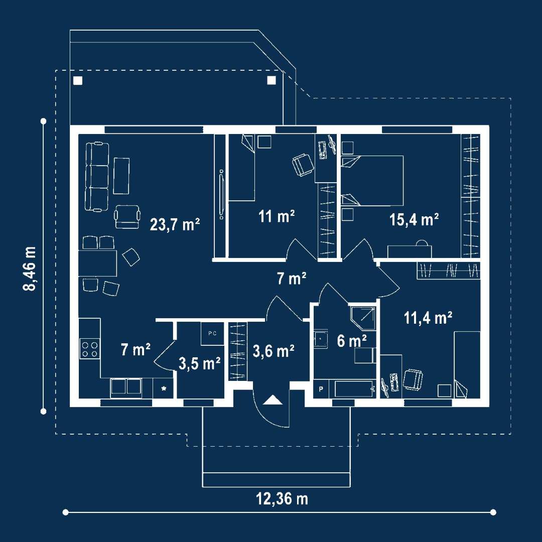 Plan parter Casă parter 84 mp utili, 3 dormitoare, o baie