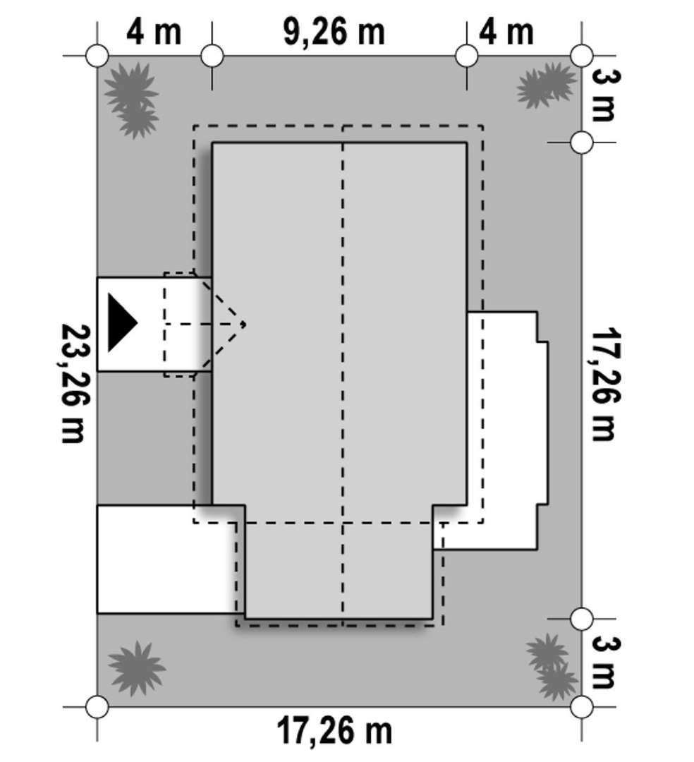 Plan amplasament Casă parter 97 mp utili, 3 dormitoare, o baie