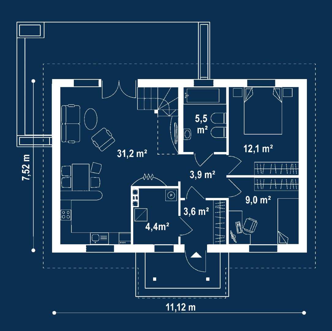 Plan parter Casă parter 65 mp utili, 2 dormitoare, o baie