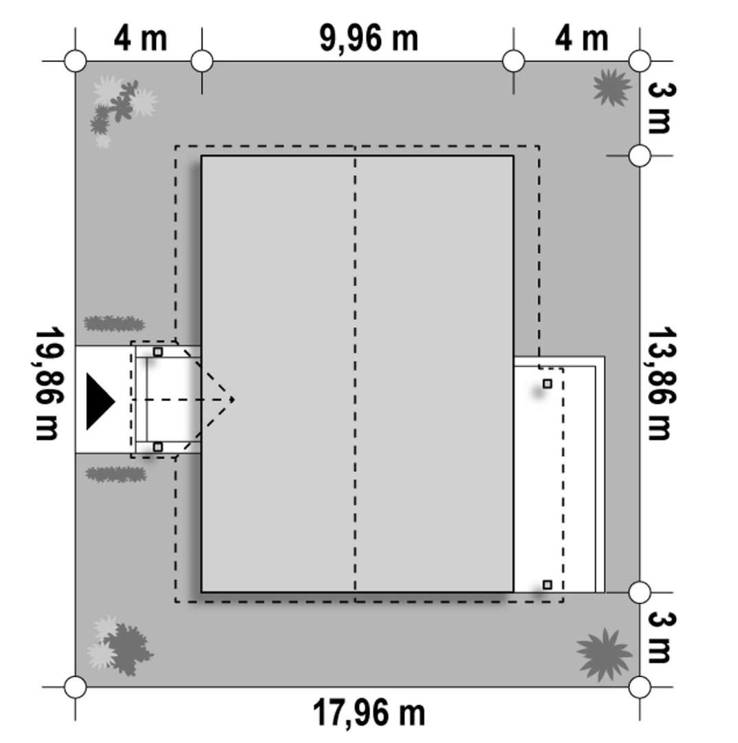 Plan amplasament Casă parter 107 mp utili, 3 dormitoare, o baie
