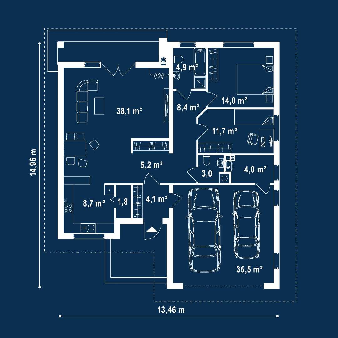 Plan parter Casă parter 100 mp utili, 2 dormitoare, o baie