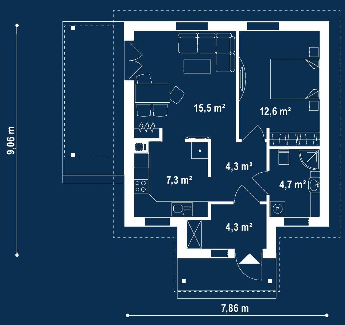 Plan parter Casă parter 48 mp utili, un dormitor, o baie