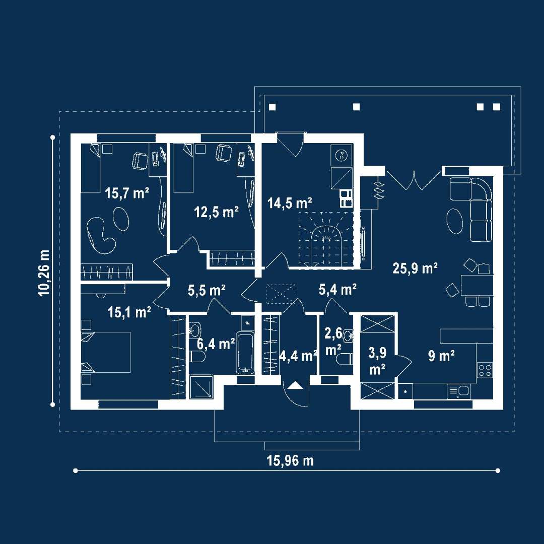 Plan parter Casă parter 106 mp utili, 3 dormitoare, o baie