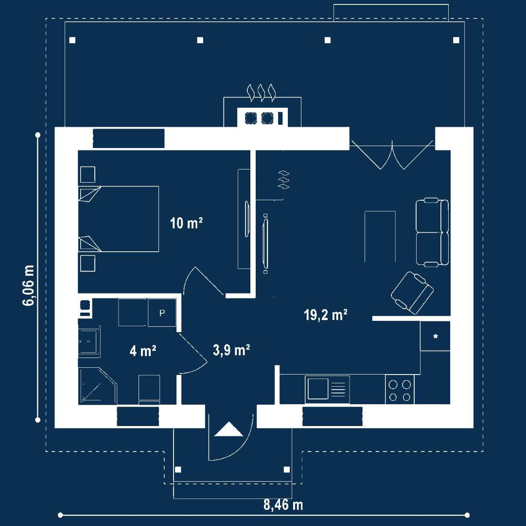 Plan parter Casă parter 37 mp utili, un dormitor, o baie