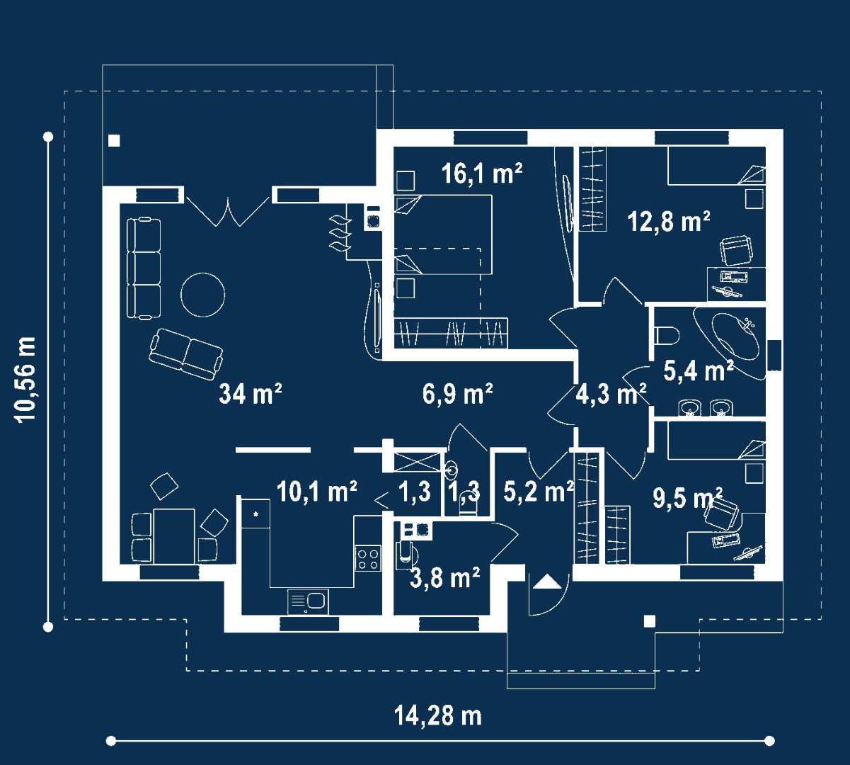 Plan parter Casă parter 110 mp utili, 3 dormitoare, o baie