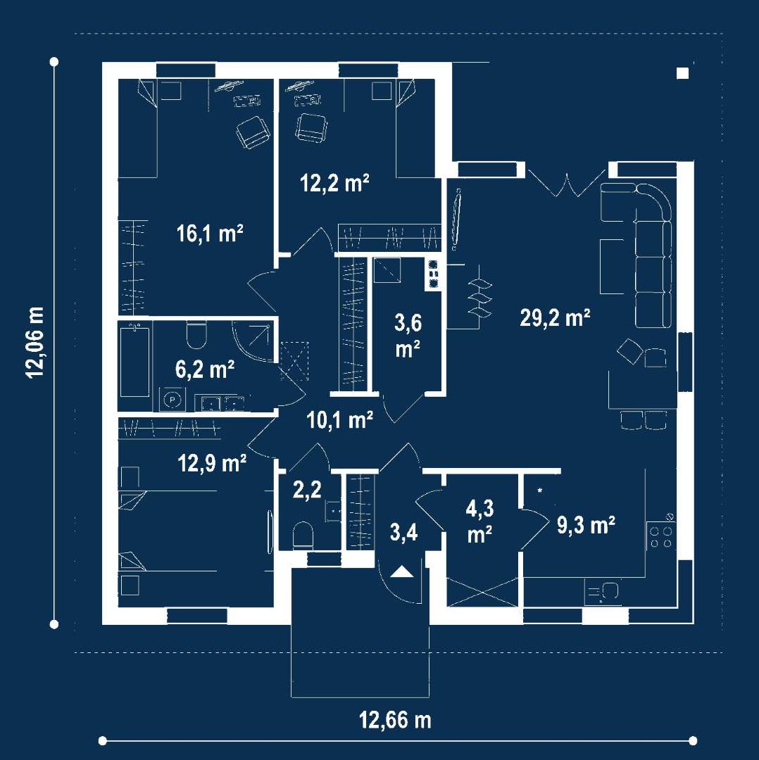 Plan parter Casă parter 105 mp utili, 3 dormitoare, o baie