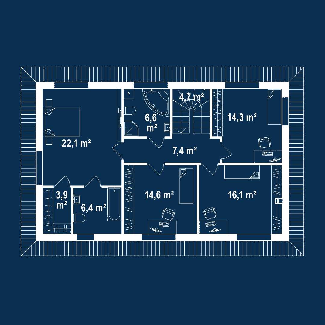 Plan etaj Casă cu etaj 171 mp utili, un dormitor, 3 băi