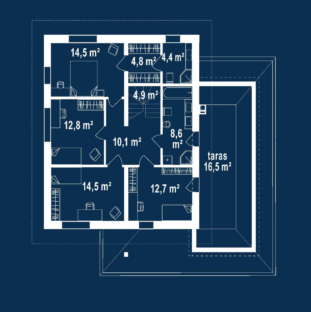 Plan etaj Casă cu etaj 163 mp utili, un dormitor, 3 băi