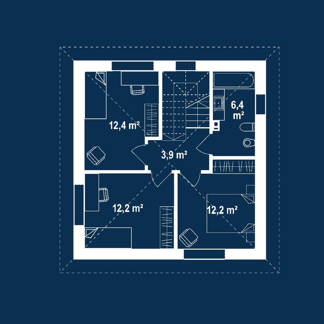 Plan etaj Casă cu etaj 94 mp utili, un dormitor, 2 băi