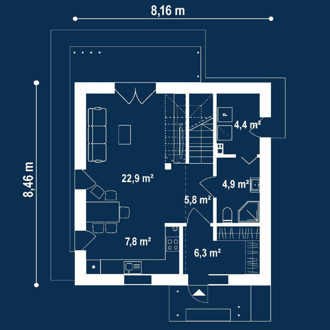 Plan parter Casă cu etaj 94 mp utili, un dormitor, 2 băi