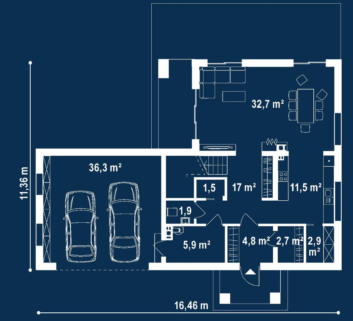 Plan parter Casă cu etaj 148 mp utili, un dormitor, 2 băi