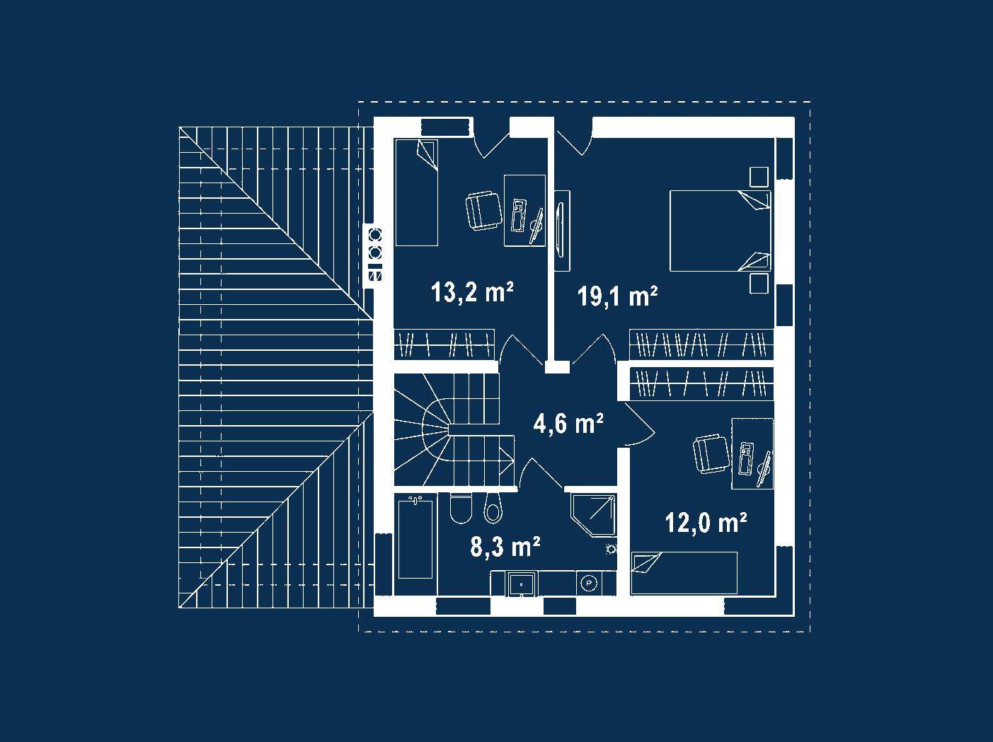 Plan etaj Casă cu etaj 113 mp utili, un dormitor, o baie