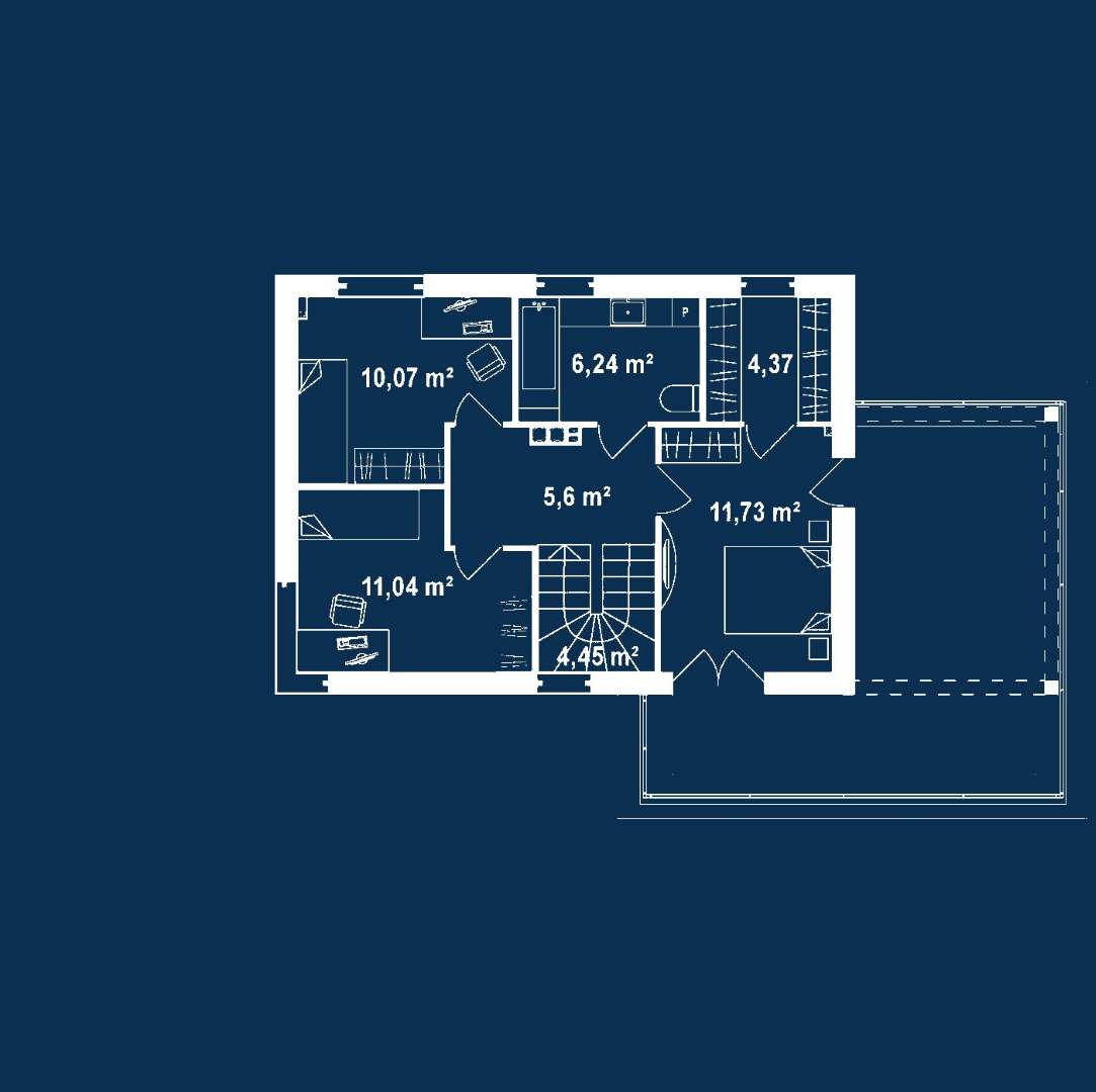 Plan etaj Casă cu etaj 97 mp utili, un dormitor, 2 băi