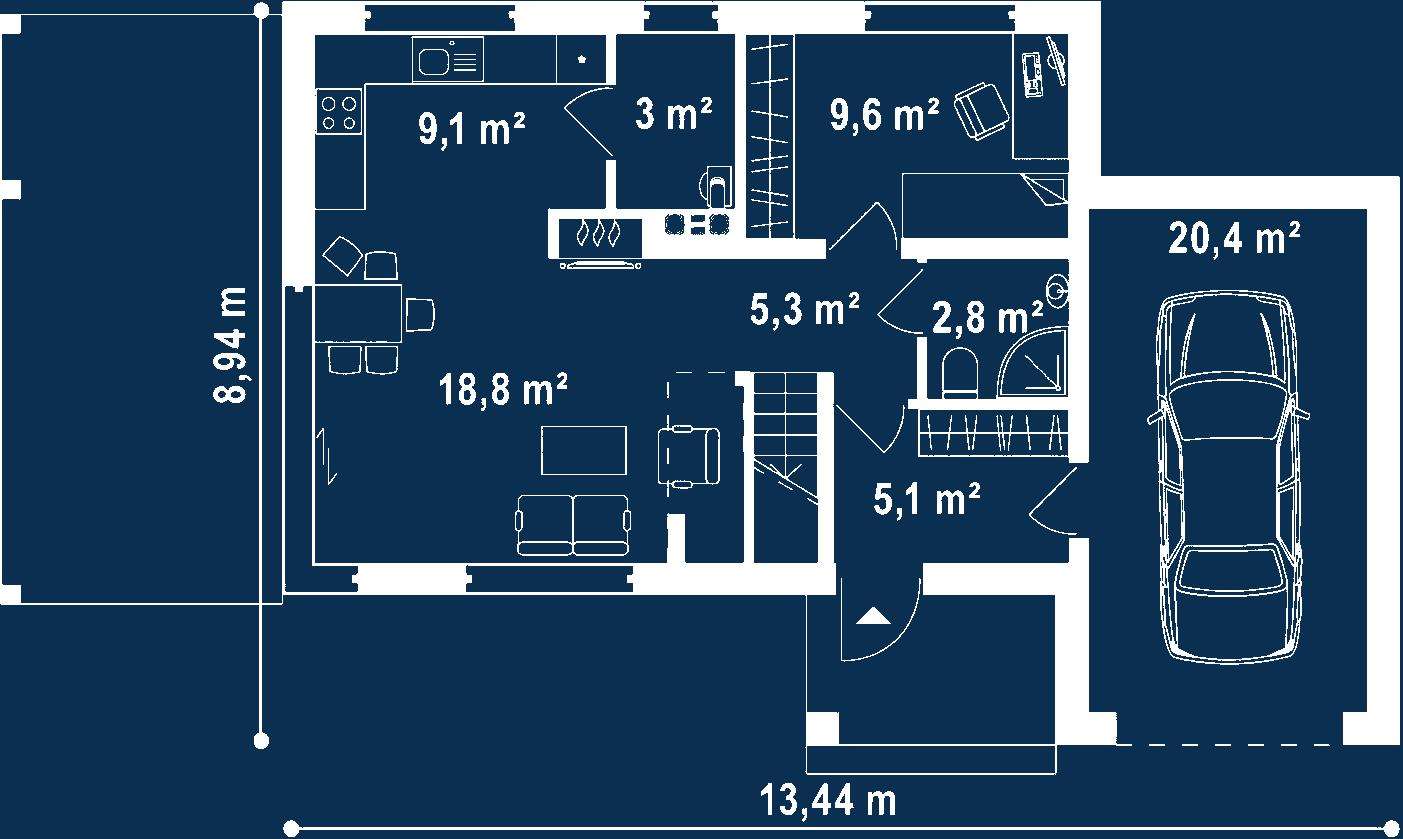 Plan parter Casă cu etaj 96 mp utili, un dormitor, o baie